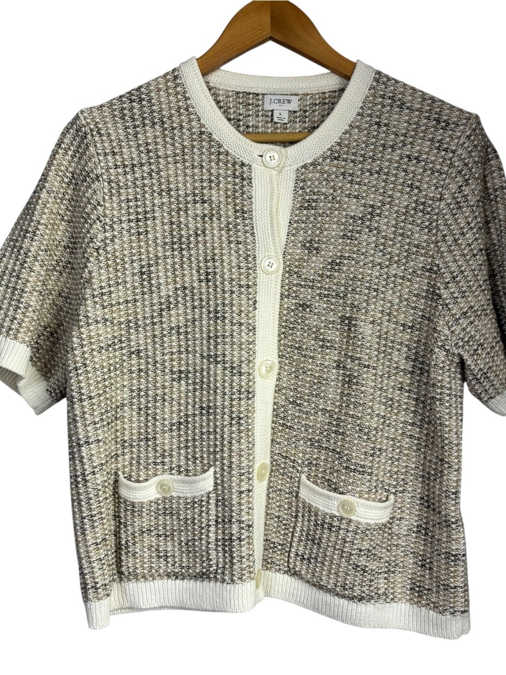 J crew Short-sleeve lady cardigan sweater cotton blend Sandstone Space size L